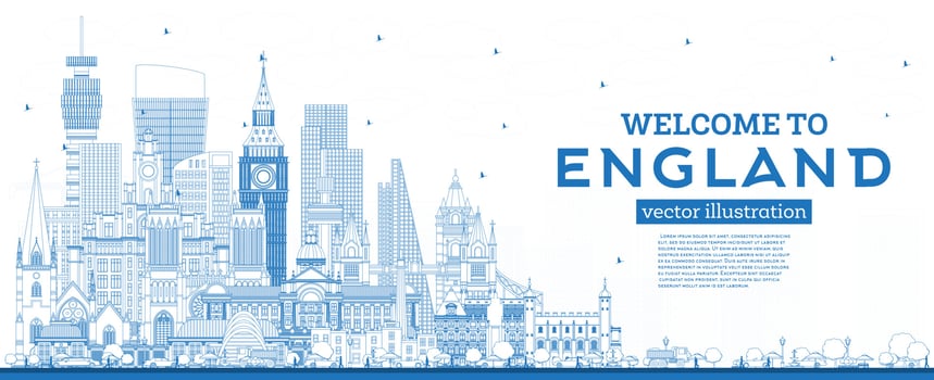 Outline Welcome to England City Skyline with Blue Buildings. vector