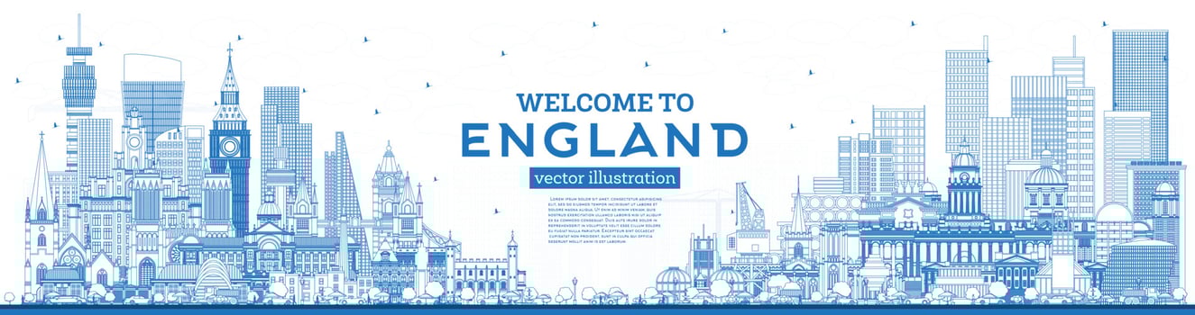 Outline Welcome to England City Skyline with Blue Buildings. vector
