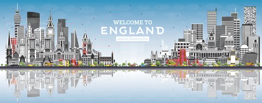 Welcome to England City Skyline with Gray Buildings, Blue Sky and Reflections. vector