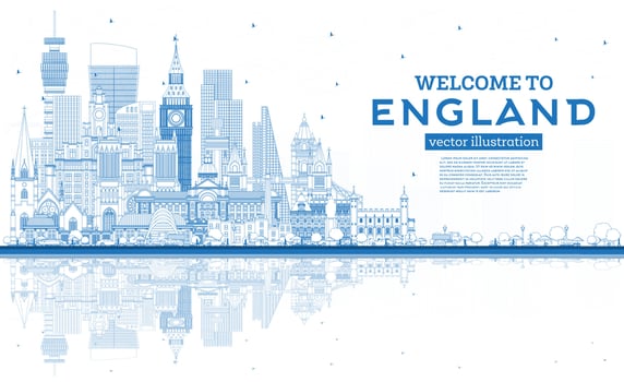 Outline Welcome to England City Skyline with Blue Buildings and Reflections. vector