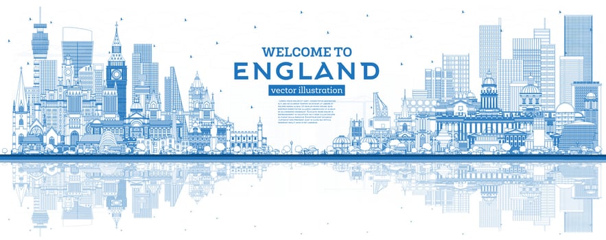 Outline Welcome to England City Skyline with Blue Buildings and Reflections. vector