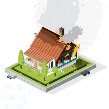 Residential Suburban Building on Flaming Fire. Isometric Concept. Dense Smoke. vector