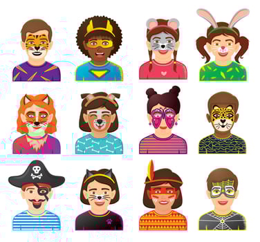 Face Painting. Collection of Kids Faces with Painting with Animals and Superheroes. vector