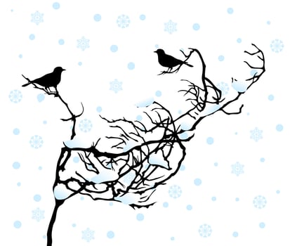 Two birdies sit on a branch in the winter. A vector illustration