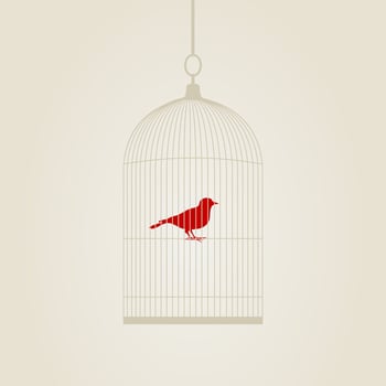 Bird in a cage and flowers. A vector illustration