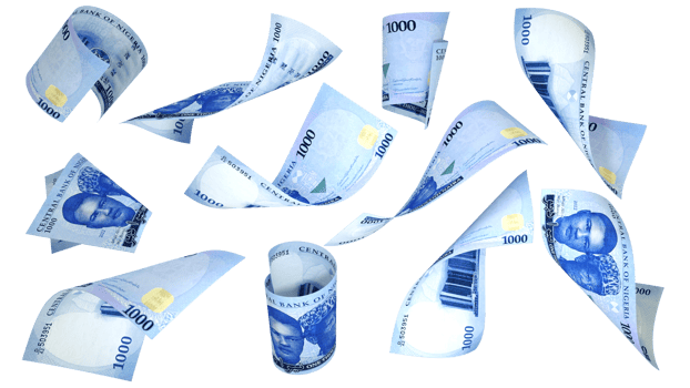 3D rendering of new 1000 Nigerian naira notes flying in different angles and orientations isolated on transparent background png