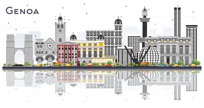 Genoa Italy City Skyline with Color Buildings and Reflections Isolated on White. vector