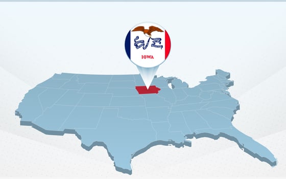 Iowa state map on United States of America map in perspective. vector
