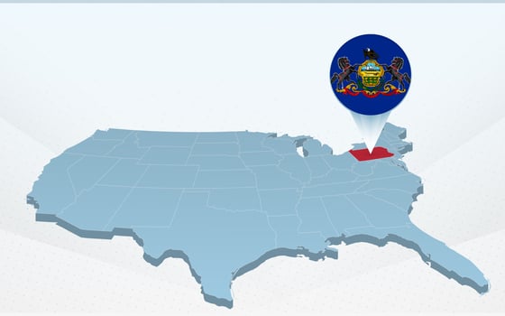 Pennsylvania state map on United States of America map in perspective. vector