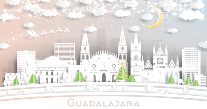 Guadalajara Mexico City Skyline in Paper Cut Style with Snowflakes, Moon and Neon Garland. vector