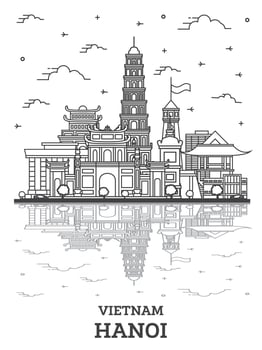 Outline Hanoi Vietnam City Skyline with Modern Buildings and Reflections Isolated on White. vector
