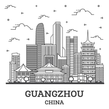 Outline Guangzhou China City Skyline with Modern Buildings Isolated on White. vector