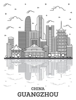 Outline Guangzhou China City Skyline with Modern Buildings and Reflections Isolated on White. vector