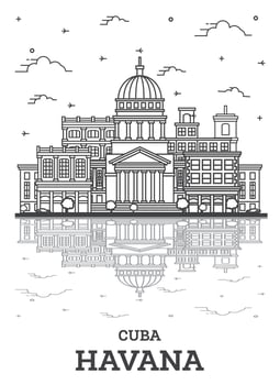 Outline Havana Cuba City Skyline with Historic Buildings and Reflections Isolated on White. vector
