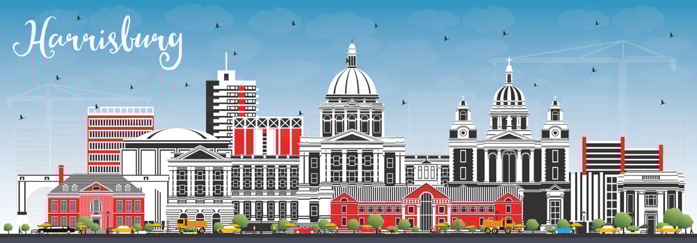Harrisburg Pennsylvania City Skyline with Color Buildings and Blue Sky. vector