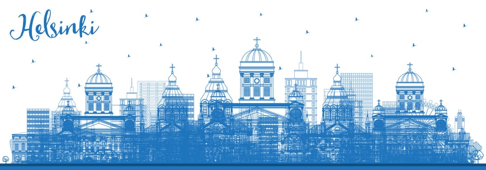 Outline Helsinki Finland City Skyline with Blue Buildings. vector