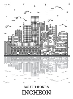 Outline Incheon South Korea City Skyline with Modern Buildings and Reflections Isolated on White. vector