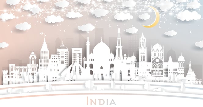India City Skyline in Paper Cut Style with White Buildings, Moon and Neon Garland. vector