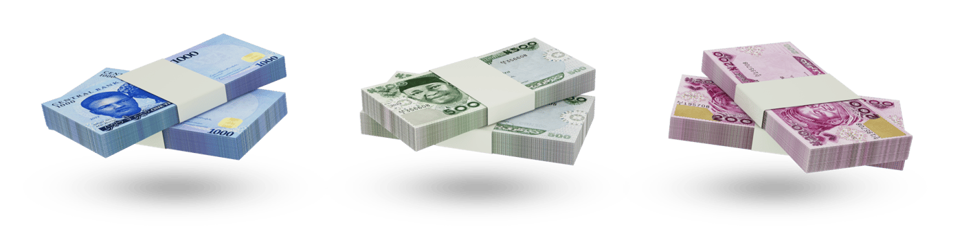 Set of stacks of new Nigerian Naira notes in different denominations. 3d rendering png