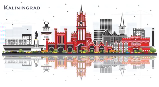 Kaliningrad Russia City Skyline with Color Buildings and Reflections Isolated on White Background. vector