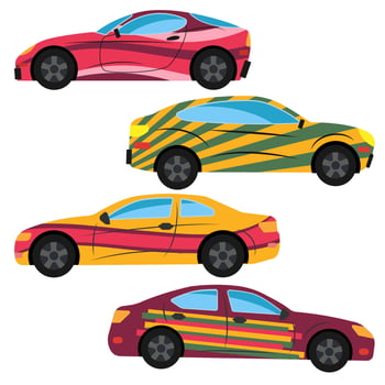 A set of three cars painted in different colors. Vector illustration