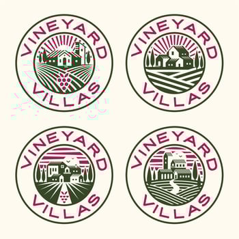 Vineyard Landscape with Houses Logo Emblem. Farm Grape fields with Houses Vector Illustrations