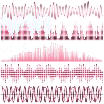 Vector set of pink sound waves. Audio equalizer. Sound and audio waves isolated on white background.