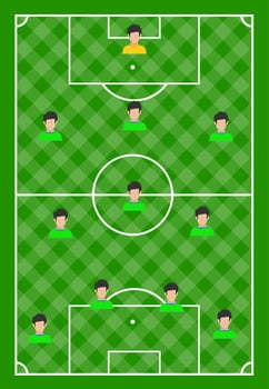 Football field with green grass and with eleven players. Vector illustration