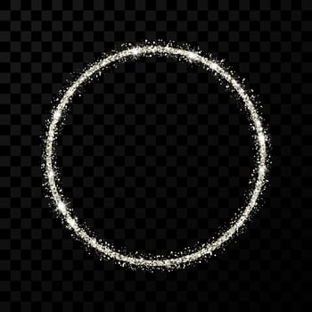 Silver glitter frame. Circle frame with shiny stars and sparkles on dark transparent background. Vector illustration