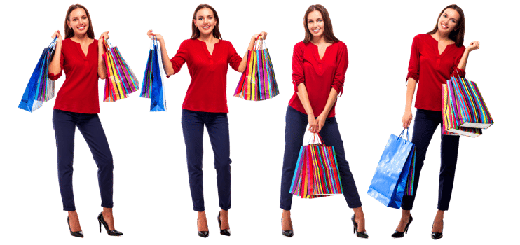 Portrait of young happy smiling pretty woman with shopping bags, isolated png