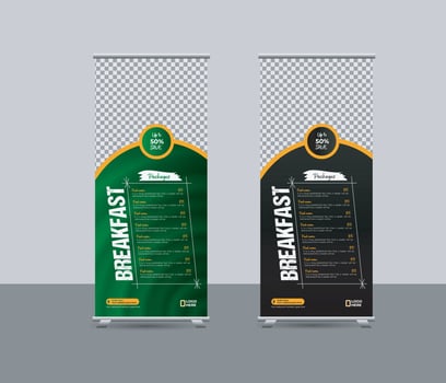 Food menu  roll-up banner template o restaurant services promotion x stand rollup pull-up  retractable signage banner design, delicious food rollup banner vector