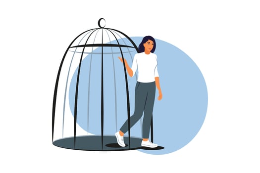 Woman getting out of cage. Happy girl becoming free, getting ready for new life without mental problems. Freedom and rehabilitation. Vector illustration.