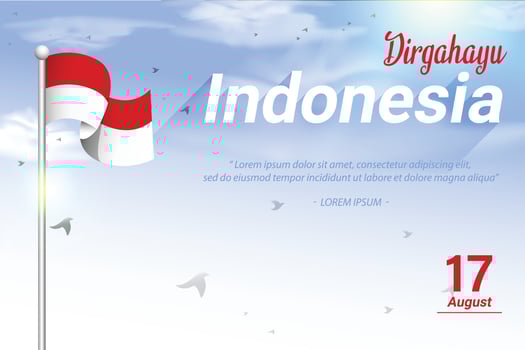 Background Template - Indonesian Independence Day August 17th, Fluttering Flag on Sky Blue with Flying Birds Background. vector