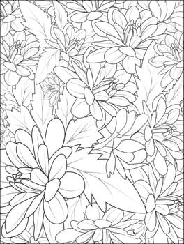 Pattern with flowers of dahlia. Outline print with blossoms, leaves, and buds on a white. A drawing with ink contours of waterlily dahlia. Tropical trendy exotic floral poster or coloring pages. vector