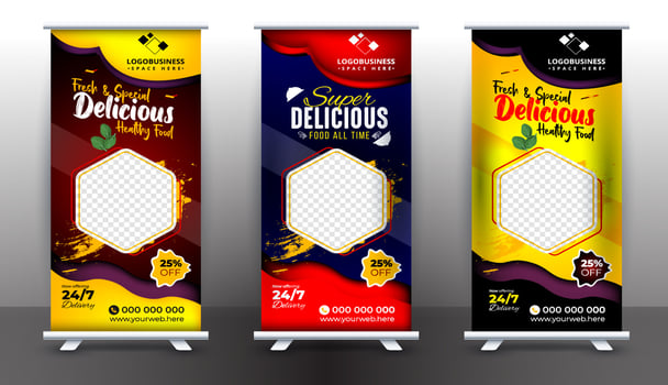 Food and Restaurant roll up banner design template, Standee Design Banner, Modern Business Food digital Roll Up Banner vector