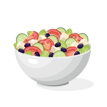 Traditional Greek salad with slices of feta cheese, tomatoes, cucumbers, olives on a white background. vector