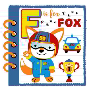 Cute fox in racer costume, car racing elements in notebook frame, education cartoon for kids, vector cartoon illustration