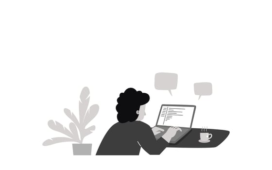 A man working on laptop on cafe, flat vector illustration.