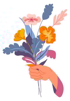 Bouquet of flowers in hand, blossom and bloom vector