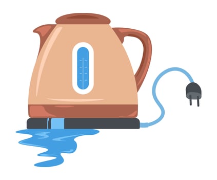 Broken kitchen appliances, leaking kettle vector