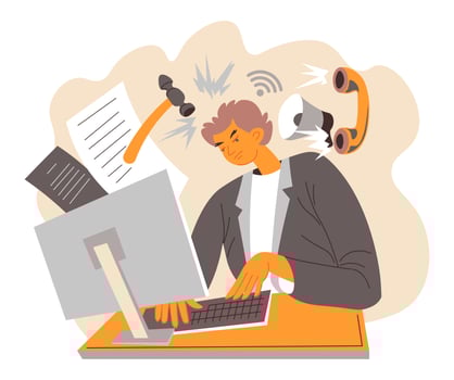 Overworking and getting stress at work, sad mad vector