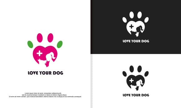 logo illustration vector graphic of paw combined with love shape, dog and woman silhouette. suitable for pet care, pet trainer, animal shelter, etc.