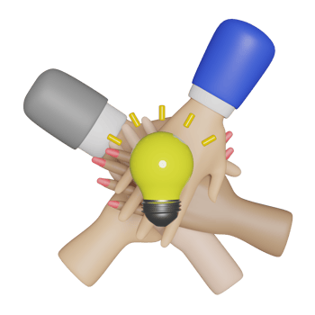 3d business people their hands together with yellow light bulb isolated. cooperation, teamwork, business, idea concept, 3d render illustration png