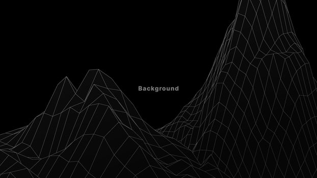 Structure landscape mountain element grid surface. Design vector black-white simple and white contour line template for posters, banners, presentations, ads, and flyers, isolated on black background.