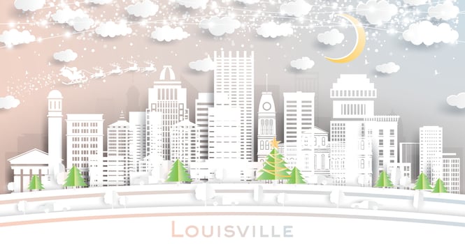 Louisville Kentucky USA City Skyline in Paper Cut Style with Snowflakes, Moon and Neon Garland. vector