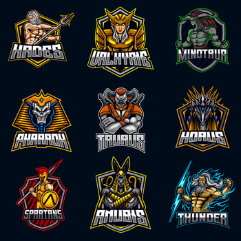 Mythical God Character E-sport Logo Design Bundle Set Hades, valkyrie, minotaur, pharaoh, taurus, horus, spartan, anubis, zeus, symbol, vector gaming team