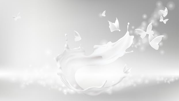 Milk splash, swirl shape and butterfly silhouettes vector