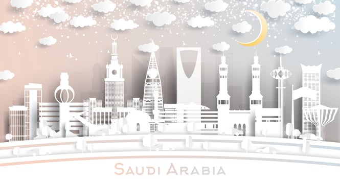 Saudi Arabia City Skyline in Paper Cut Style with Snowflakes, Moon and Neon Garland. vector