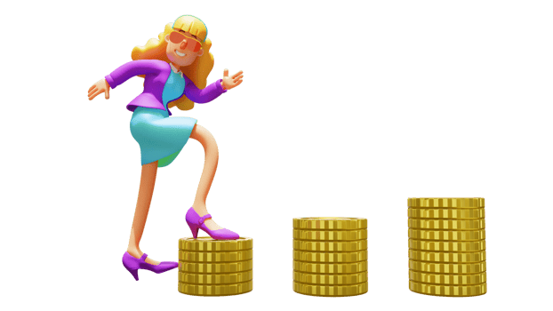 3D illustration. Rich Beautiful Business woman 3D Cartoon Character. Business woman in glasses. Business woman smiling. Beautiful business woman walking on a pile of gold coins. 3D cartoon character png