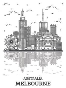 Outline Melbourne Australia City Skyline with Modern and Historic Buildings with Reflections Isolated on White. vector